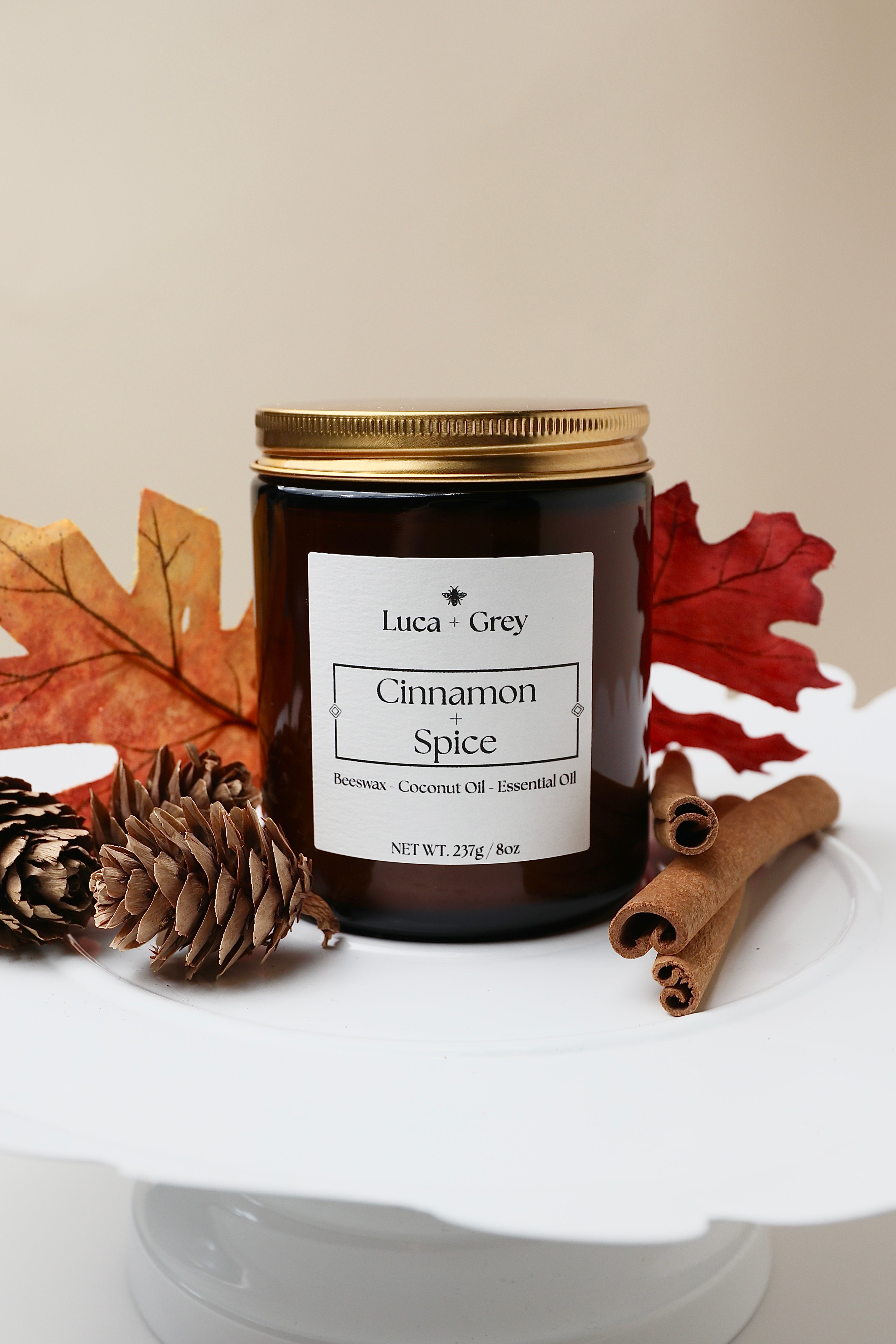 Candle labeled 'Cinnamon Spice' by Luca & Grey with autumn leaves and pinecones on a white surface.
