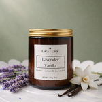 Hand-poured Lavender + Vanilla beeswax candle in amber glass jar