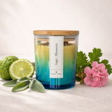 Hand-poured Sage + Blossom beeswax candle in amber glass jar