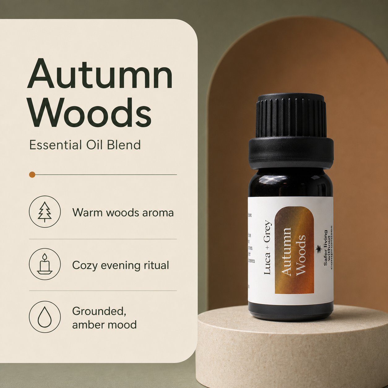 Luca + Grey PDP essential oil image: Autumn Woods Essential Oil Blend - informational static (2026-05-22)