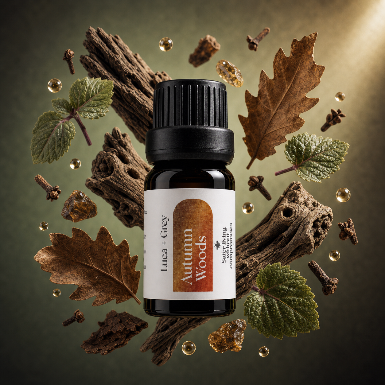 Luca + Grey styled essential oil hero: Autumn Woods Essential Oil Blend (2026-05-01 varied-gradient-v2)