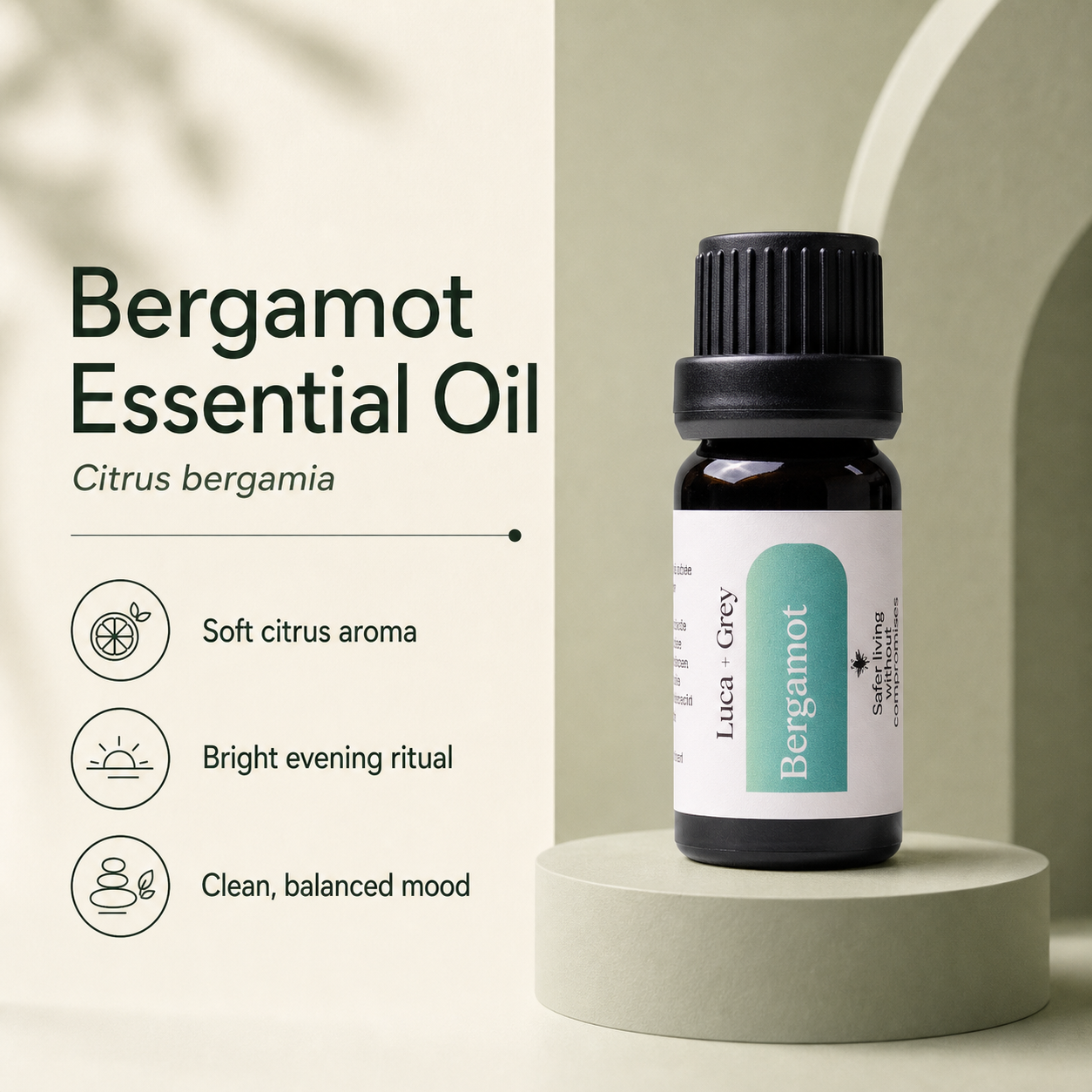 Luca + Grey PDP essential oil image: Bergamot Essential Oil - informational static (2026-05-22)