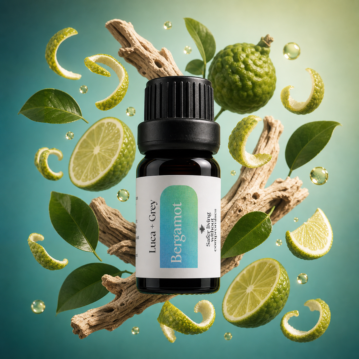 Luca + Grey styled essential oil hero: Bergamot Essential Oil (2026-05-01)