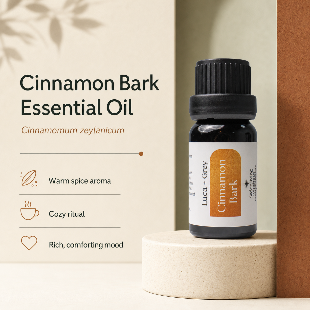 Luca + Grey PDP essential oil image: Cinnamon Bark Essential Oil - informational static (2026-05-22)