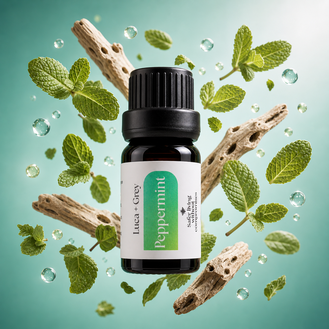 Luca + Grey styled essential oil hero: Peppermint Essential Oil (2026-05-01)