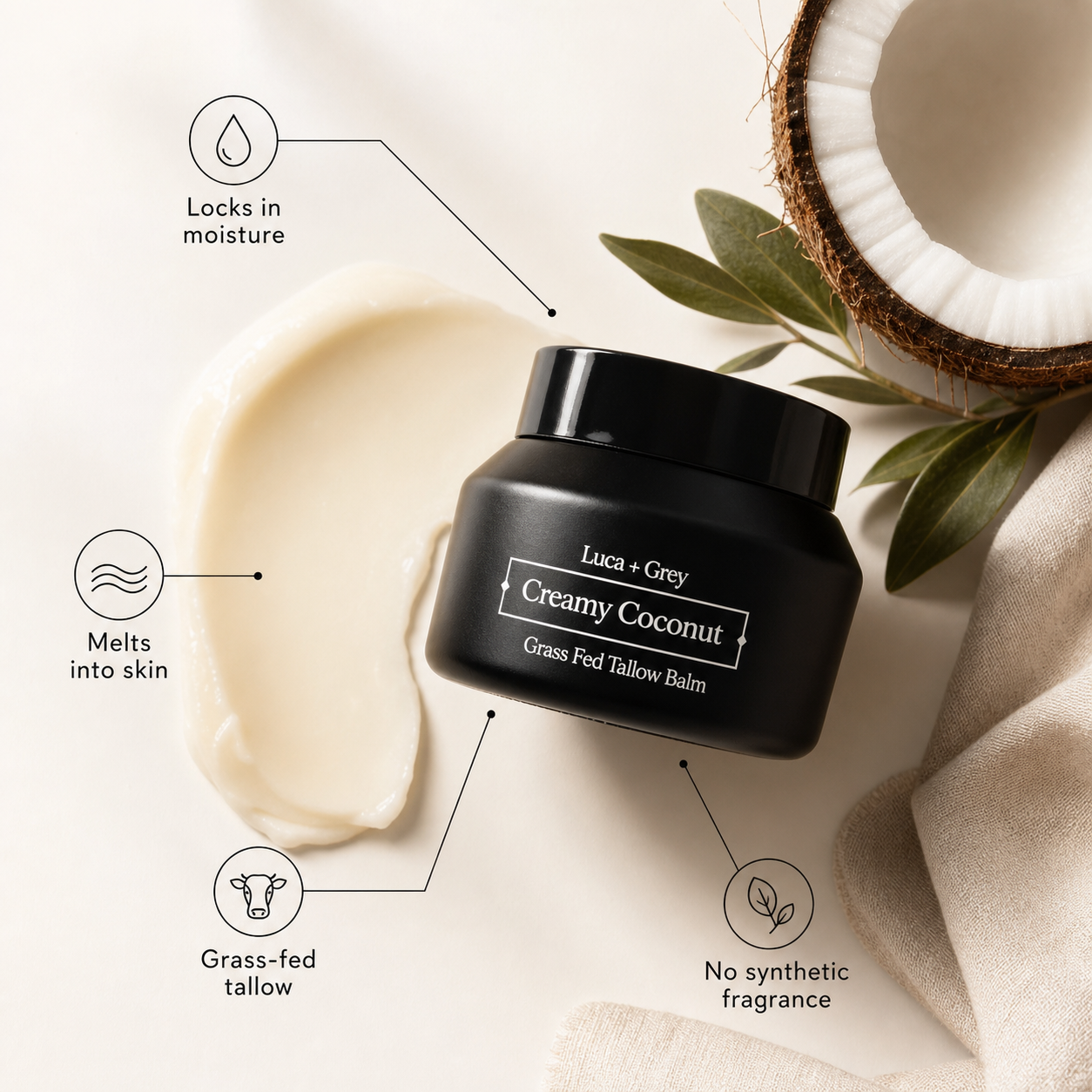 Luca + Grey Creamy Coconut Tallow Balm benefit callouts (2026-05-02)