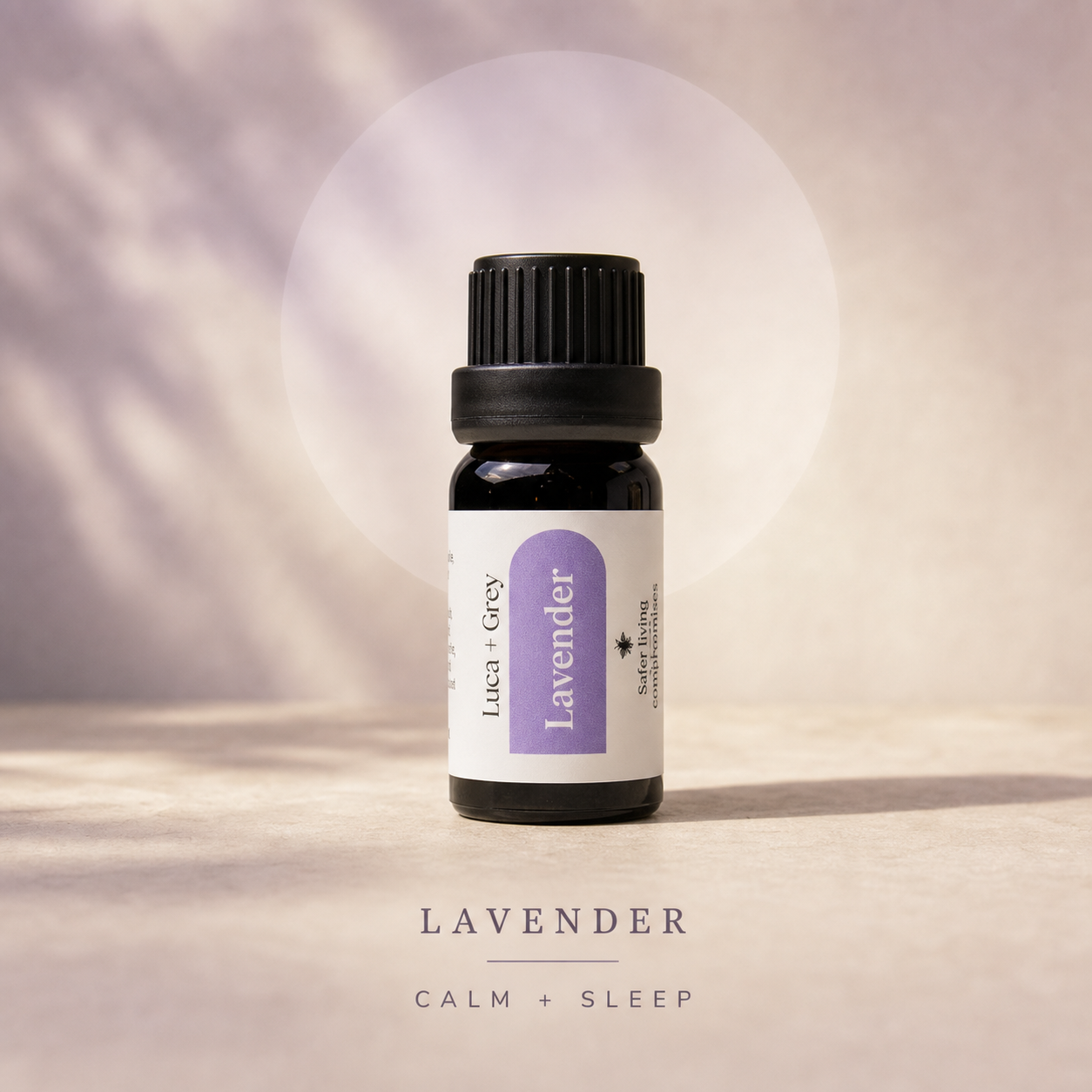 Lavender Essential Oil benefit graphic - Calm + Sleep