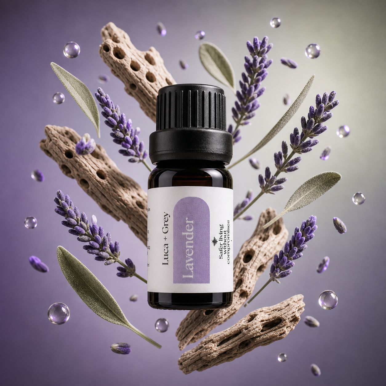 Luca + Grey styled essential oil hero: Lavender Essential Oil (2026-05-01 varied-gradient-v2)