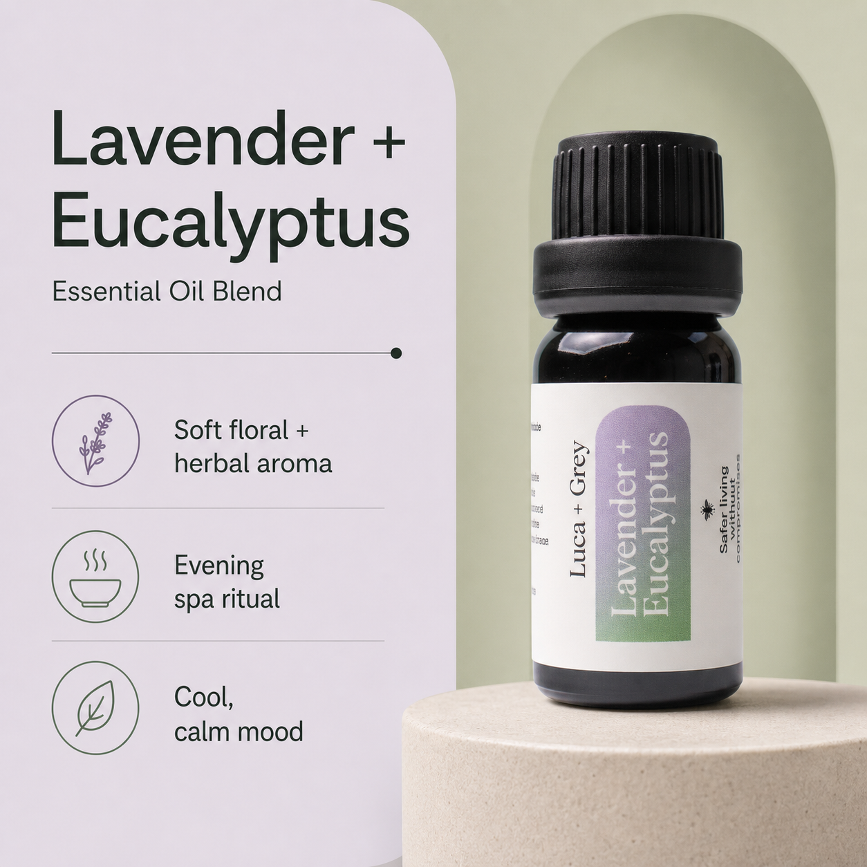 Luca + Grey PDP essential oil image: Lavender + Eucalyptus Essential Oil Blend - informational static (2026-05-22)