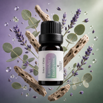 Luca + Grey styled essential oil hero: Lavender + Eucalyptus Essential Oil Blend (2026-05-01 varied-gradient-v2)