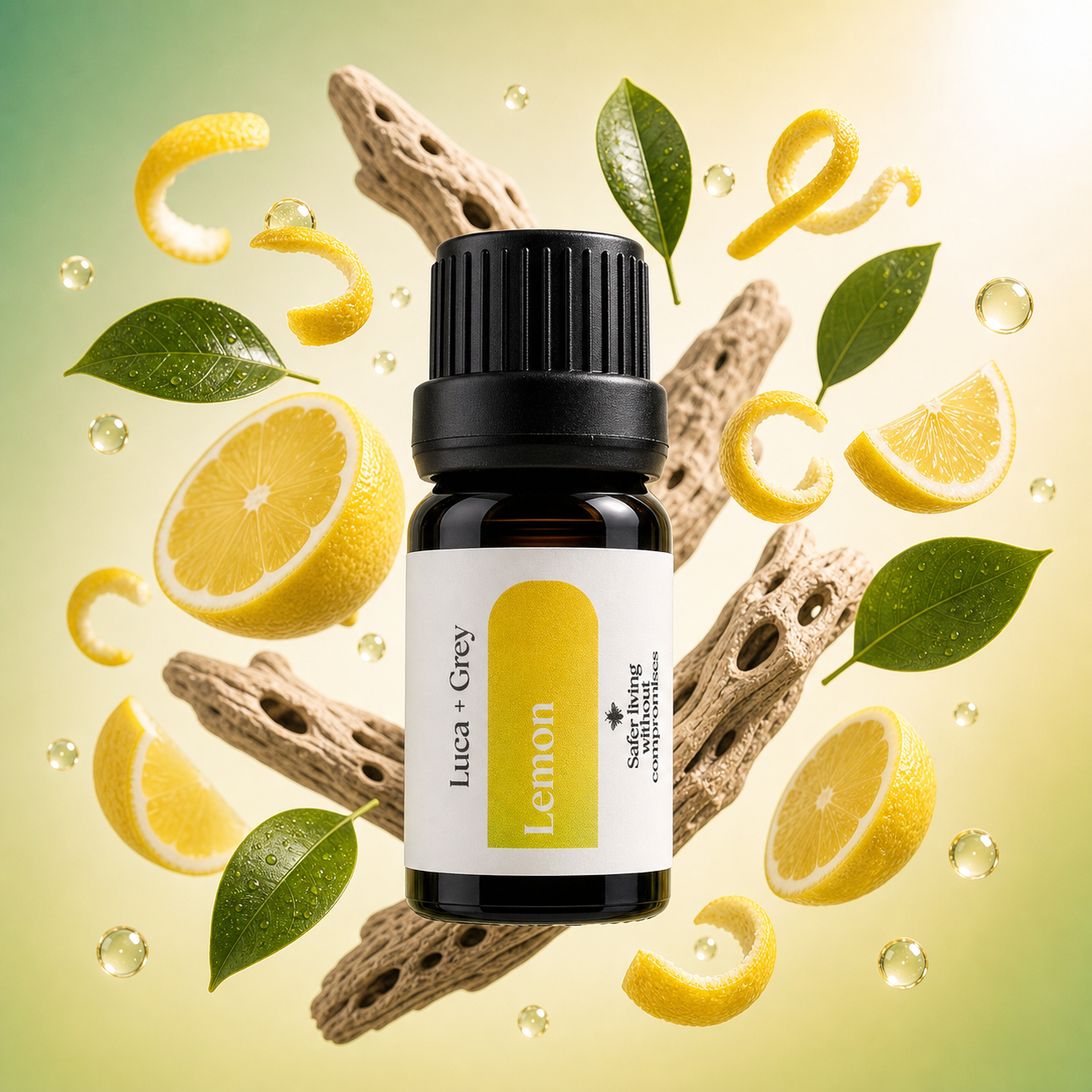 Luca + Grey styled essential oil hero: Lemon Essential Oil (2026-05-01 label-fix-v3)