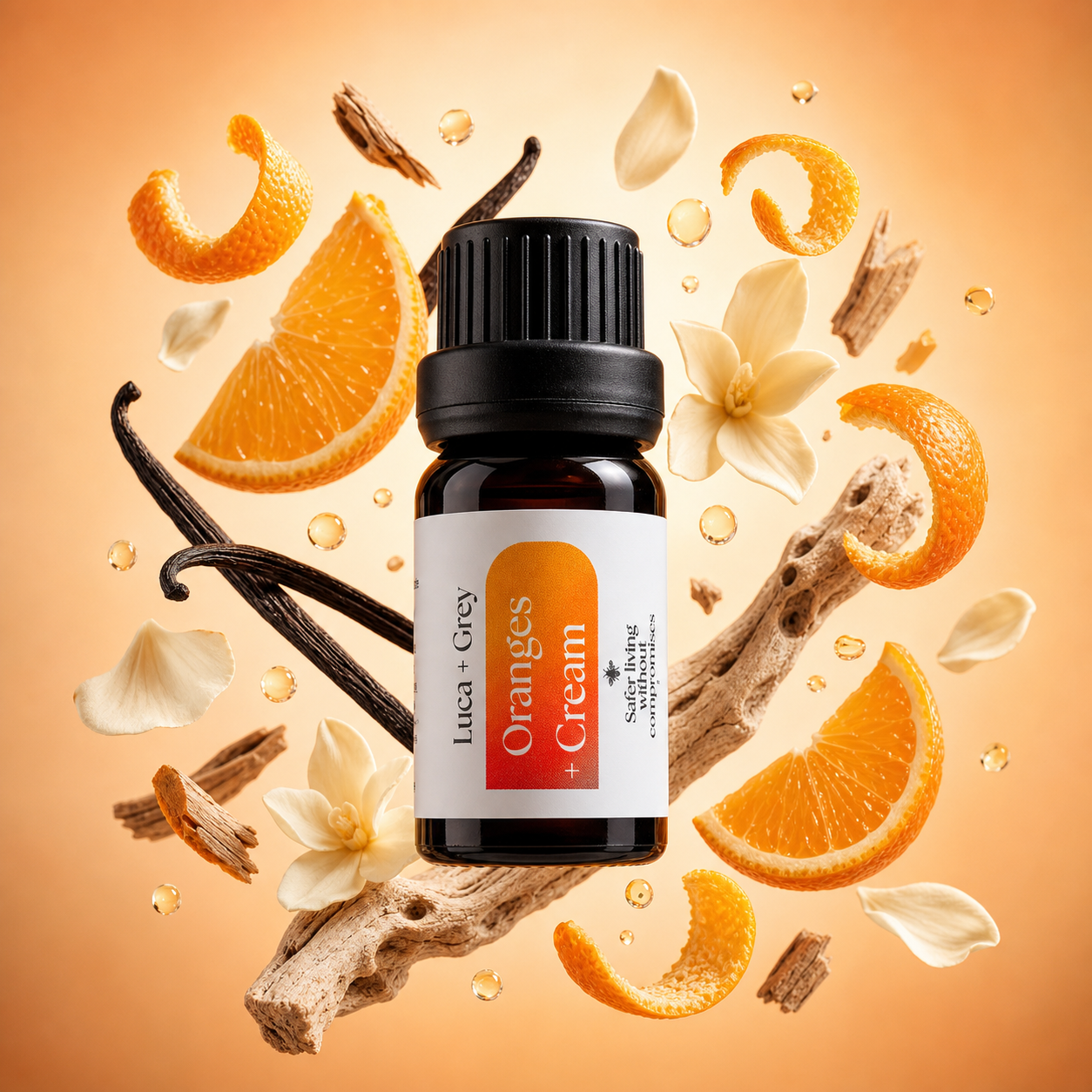 Luca + Grey styled essential oil hero: Oranges + Cream Essential Oil Blend (2026-05-01)