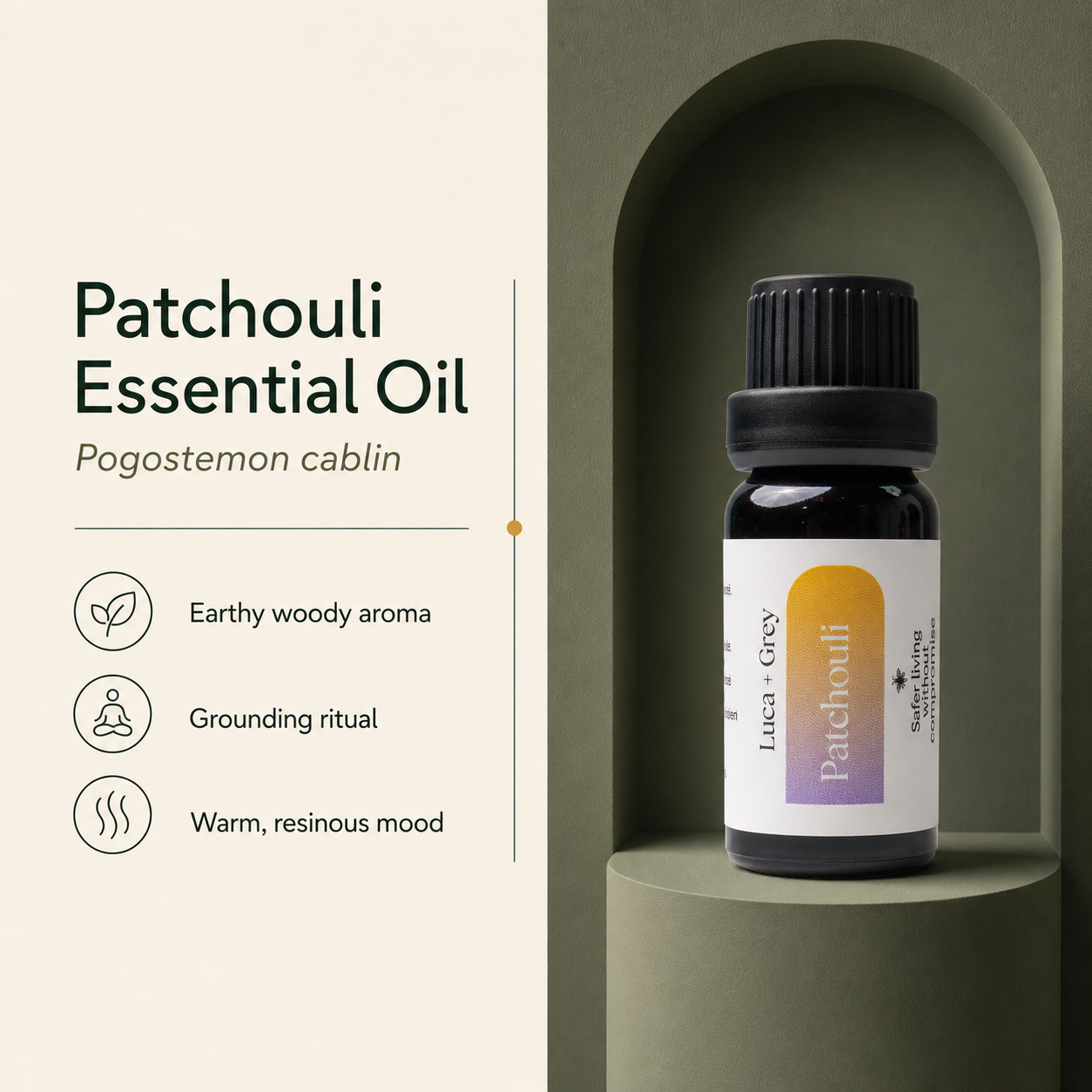 Luca + Grey PDP essential oil image: Patchouli Essential Oils - informational static (2026-05-22)
