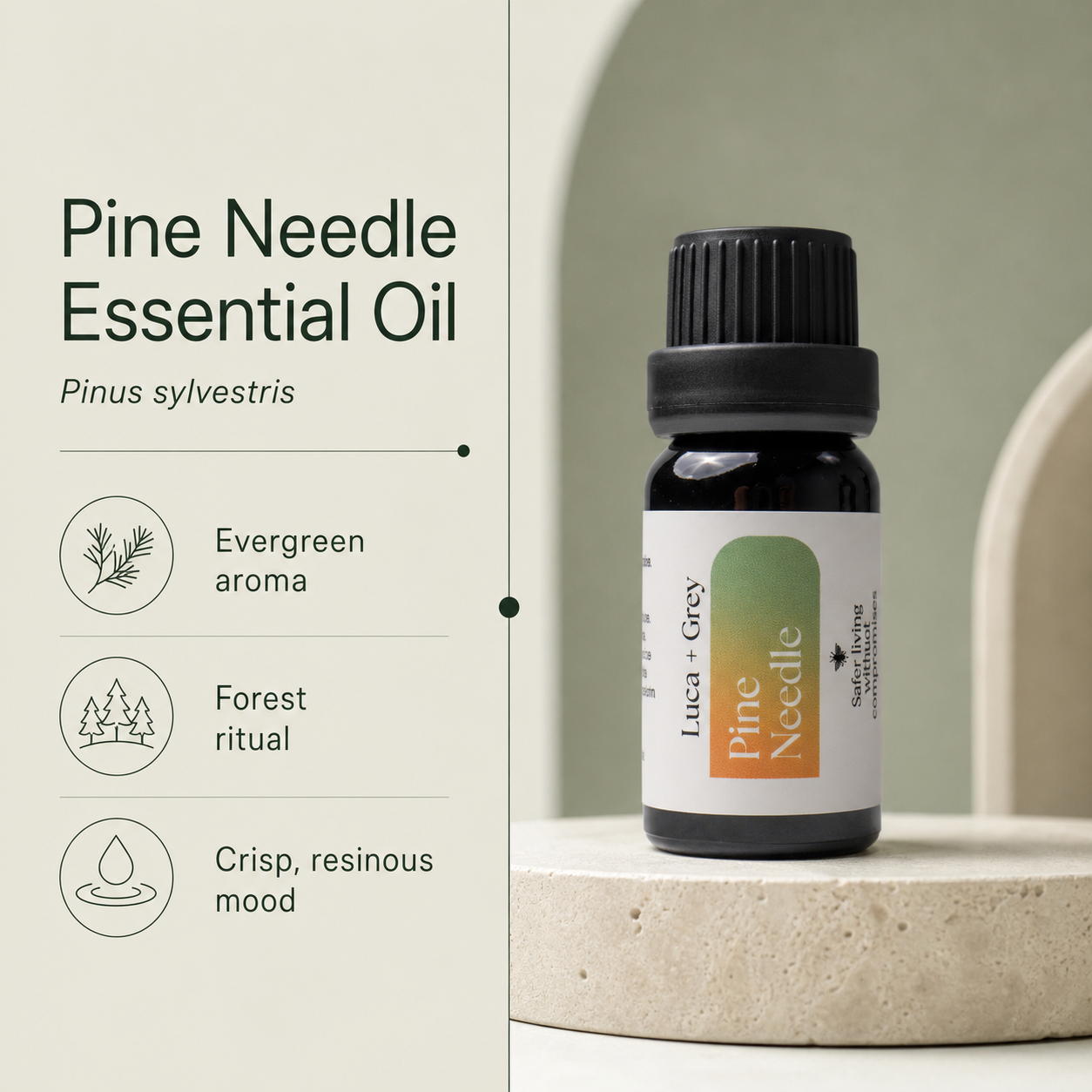 Luca + Grey PDP essential oil image: Pine Needle Essential Oil - informational static (2026-05-22)