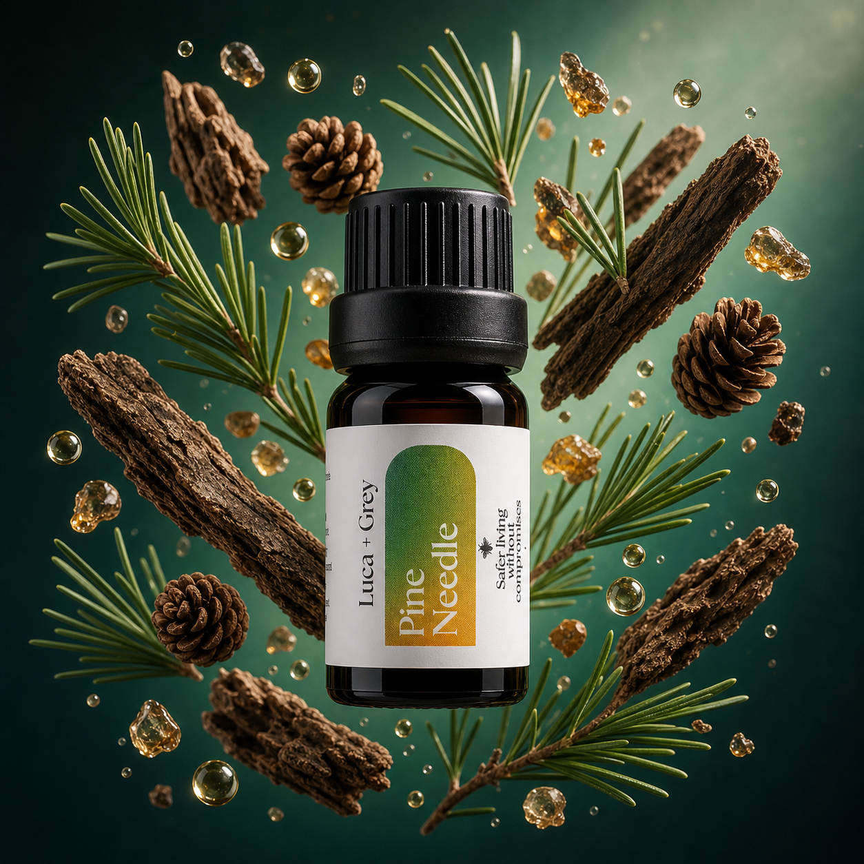 Luca + Grey styled essential oil hero: Pine Needle Essential Oil (2026-05-01)