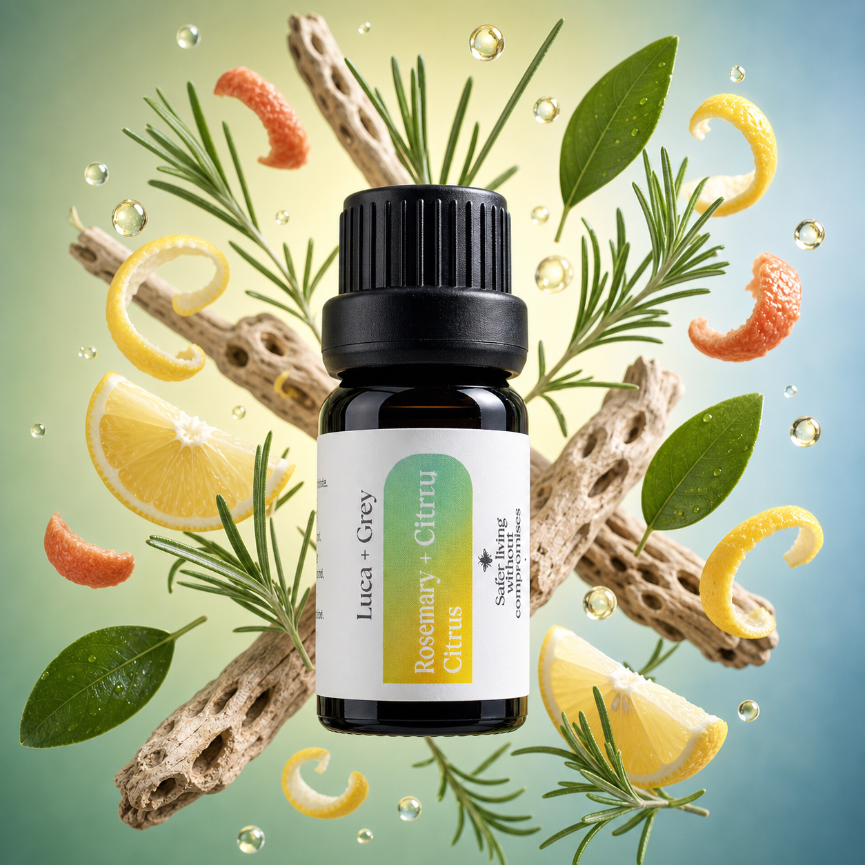 Luca + Grey styled essential oil hero: Rosemary + Citrus  Essential Oil Blend (2026-05-01 varied-gradient-v2)